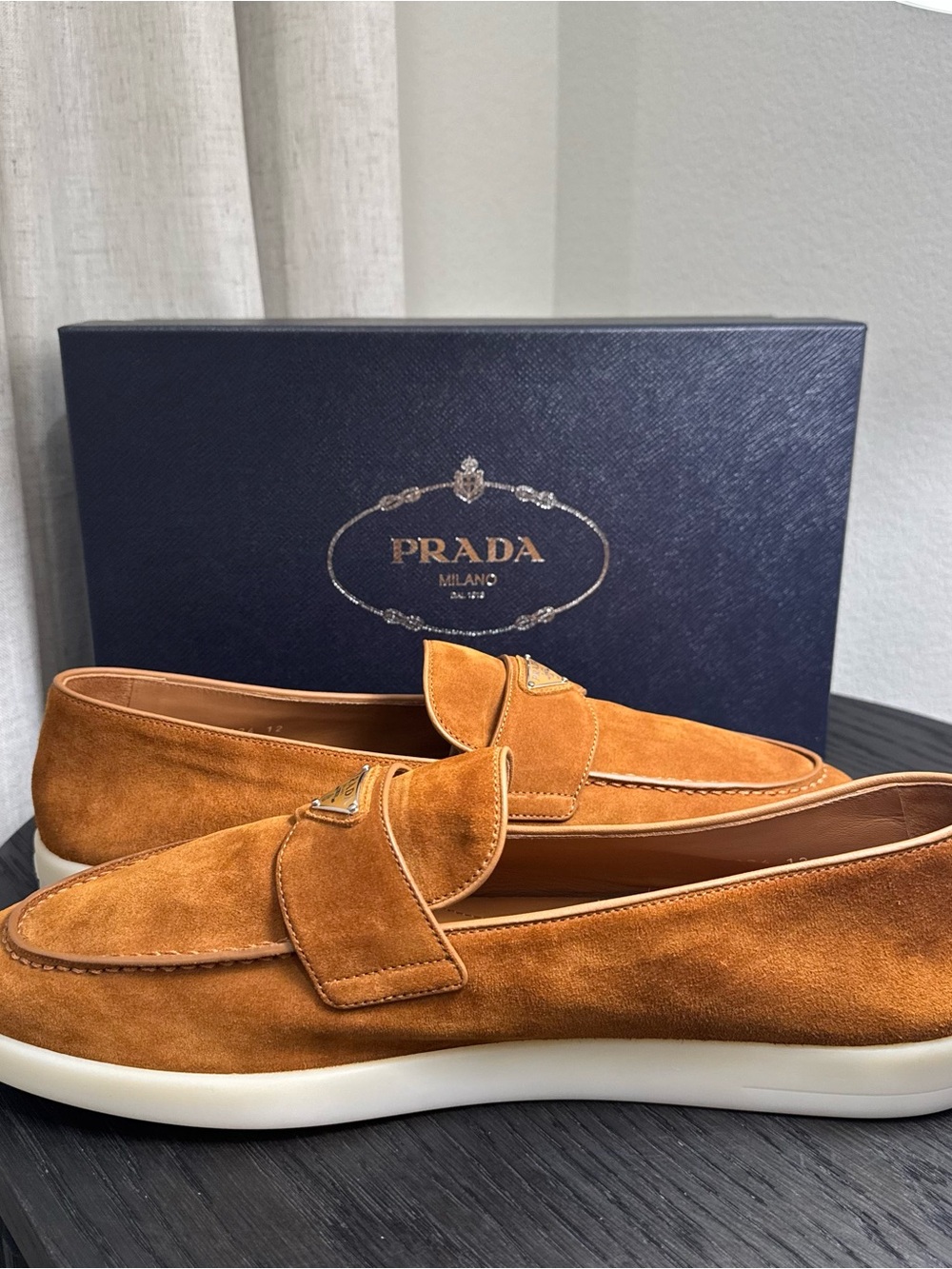 Prada Men's St. Tropez Suede Loafers Cognac 13 - Picture 5 of 7